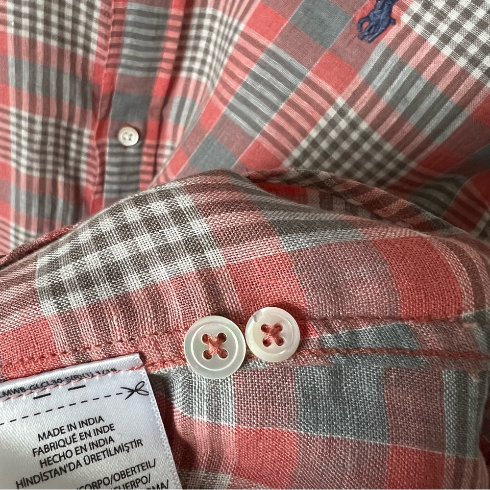 Polo Ralph Lauren Men's Large 100% Linen Pink Plaid Button Up Shirt. Classic Fit - Picture 7 of 11